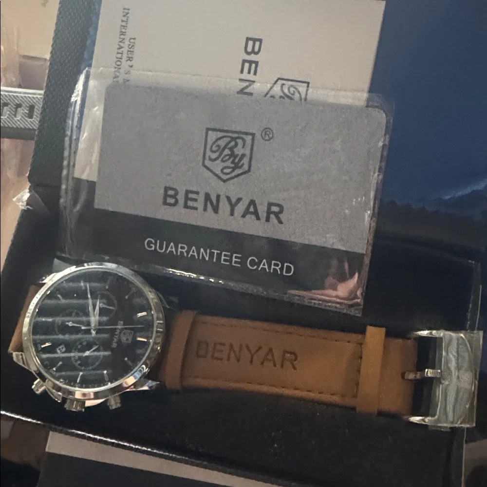 Benyar Men's Chronograph Watch - Black Dial Brown Leather Strap